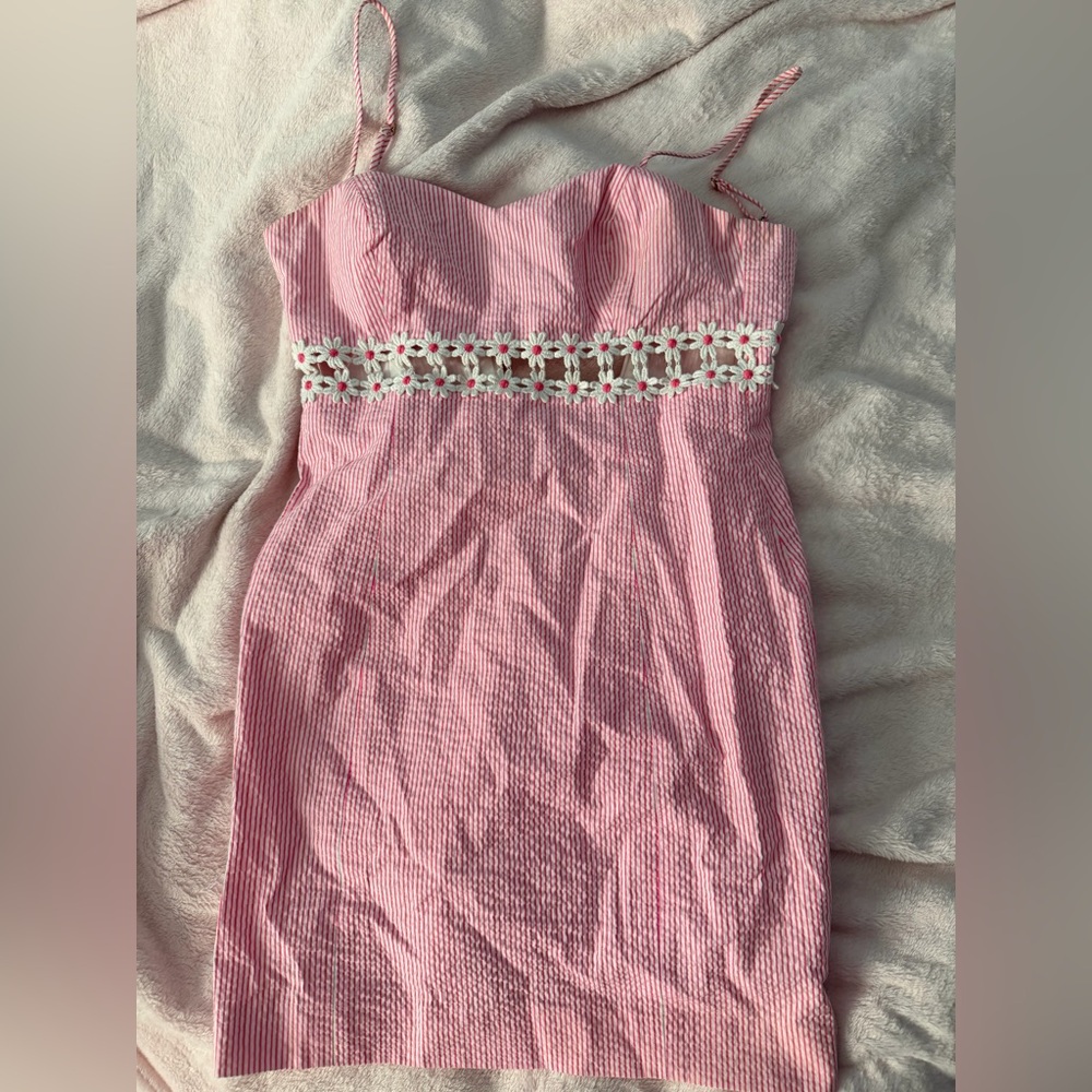 Lilly Pulitzer Pink Seersucker Mini Dress with White Daisy Trim. Worn once.